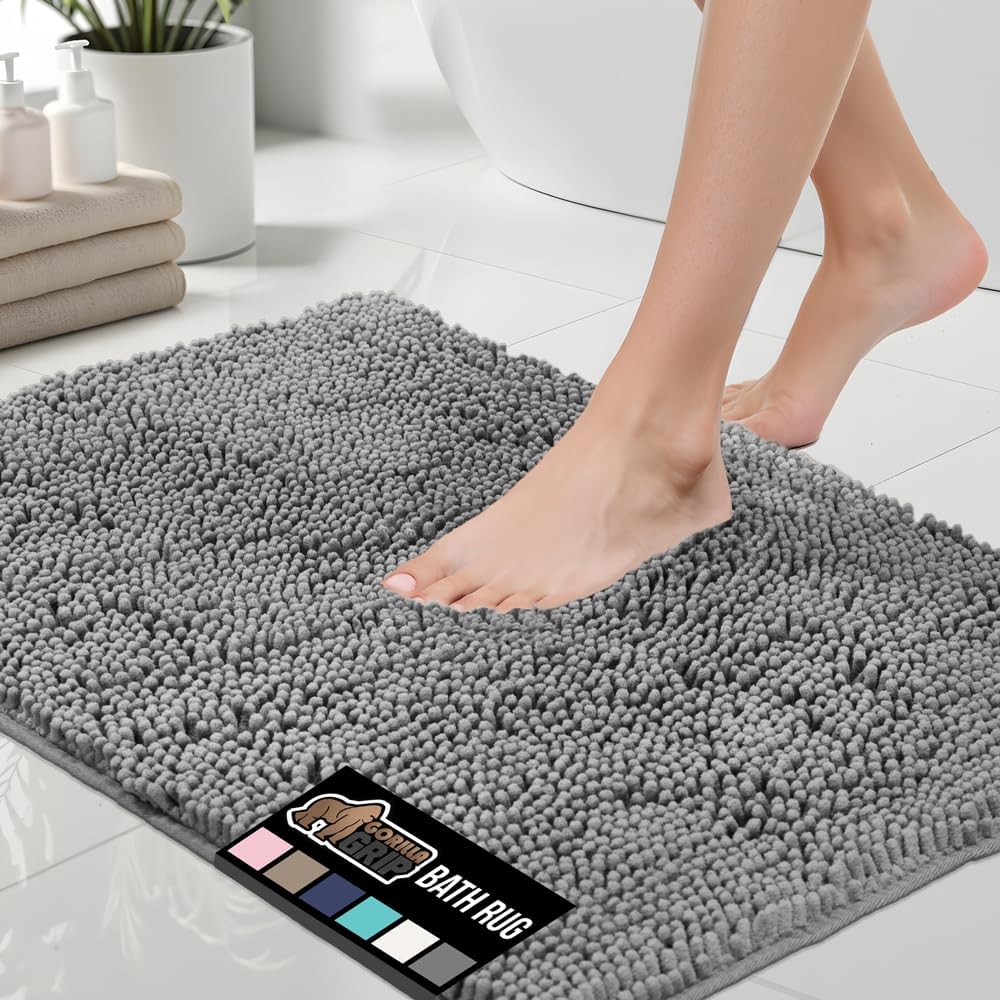 GORILLA GRIP Bath Rug Mat, Thick Soft Absorbent Chenille, Quick Dry Microfiber Mats, Rubber Backing Washable Shower Floor Rugs, Bathmat Runner, US Designed Bathroom Home Decor Accessories 24×17, Grey