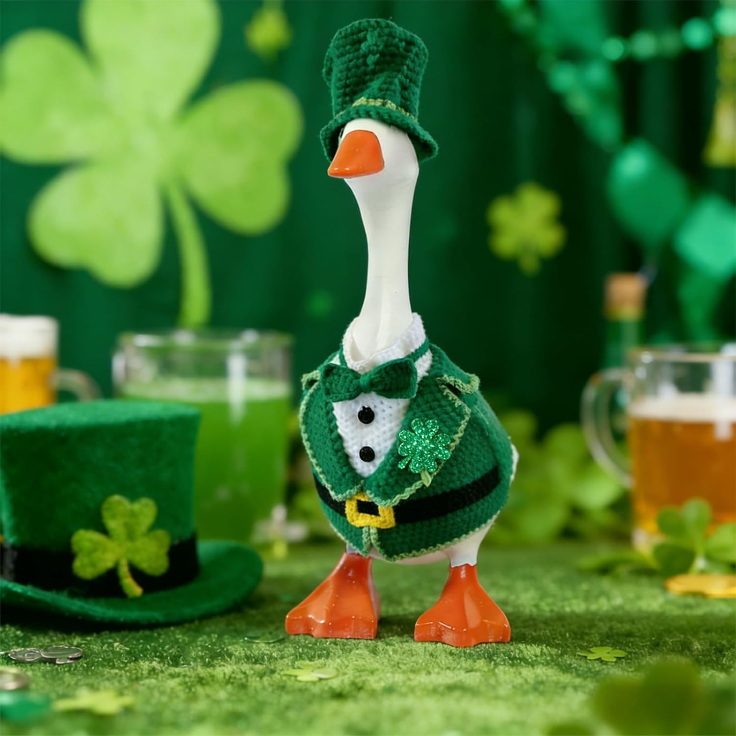Desk Goose Outfits 7 Inches St. Patrick's Day Desk Goose Costumes, Soft Hand-Knit Green Shamrock Festive Clothes for Desktop Magnetic Goose Statue, Spring Holiday Home Office Table Decor Accessories
