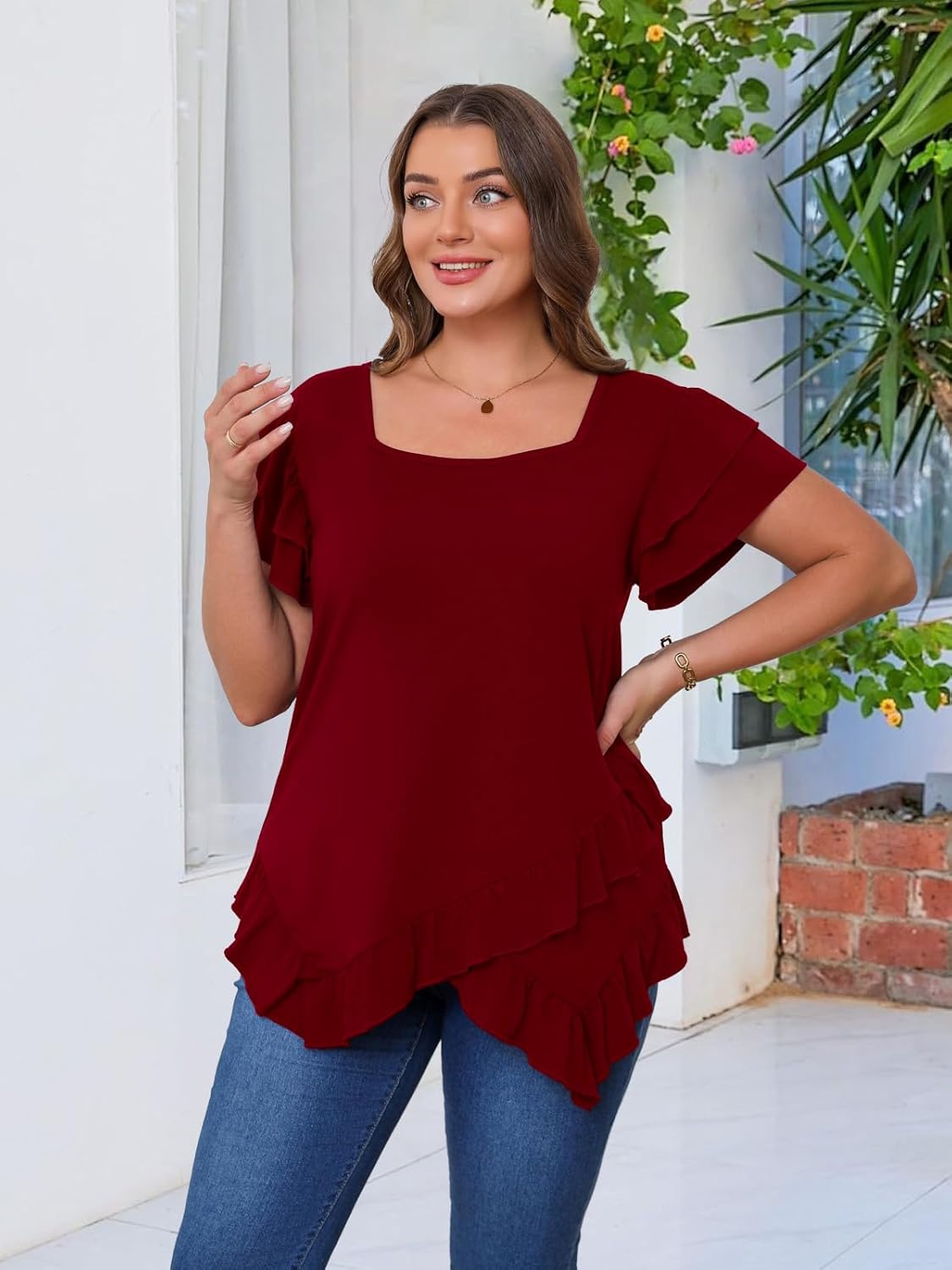 Beauhuty Womens Plus Size Shirts Square Neck Loose Tops Ruffled Hem Tunic Casual Flowy Dressy Blouses Ruffle Short Sleeves - Image 4