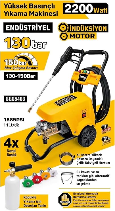 Sgs Yüksek Basınçlı Yıkama Makinesi 2200w 130 Bar
