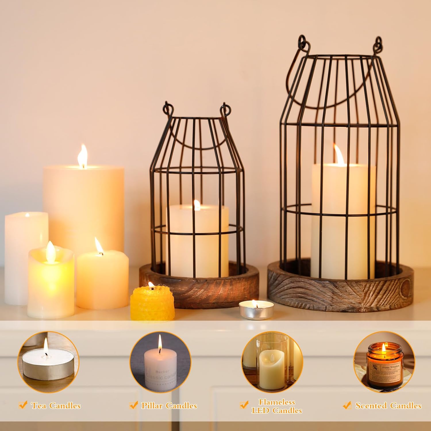 Rustic Wire Metal Cloche Set of 2 Candle Lantern Decorative Indoor Outdoor Vintage Cage Candle Holders Modern Farmhouse Decor for Fireplace Mantle Entryway Living Room Kitchen Coffee Table Centerpiece