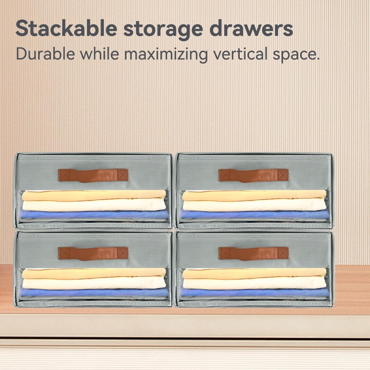 4 Packs Stackable Storage Drawers, Foldable Storage Bins with Drawers and Handles, Fabric Bins for Bedroom, Living Room, Dorm (Grey)