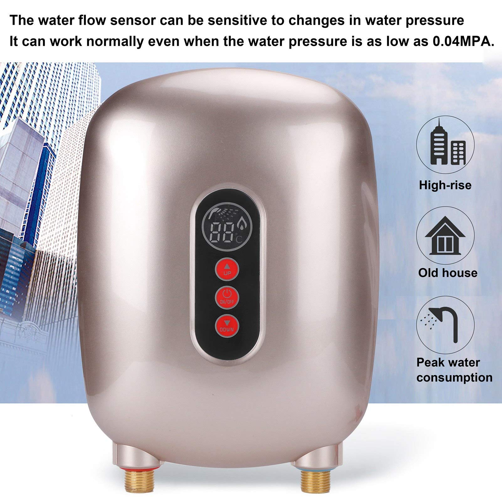 Alomejor Water Heater 6500W, High Efficiency (GOLD) | Raccordi in ottone durevoli, visualizzazione della temperatura in tempo reale, installazione ecologica e facile, sensori di