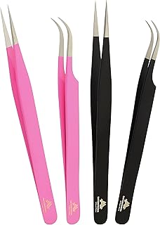 AA ENTERPRISES Lash Tweezers, Pack of 4 Stainless Steel Tweezers for Eyelash Extensions | Straight and Curved Tips Eyelash Tweezers | False Lash Application Tools , Black