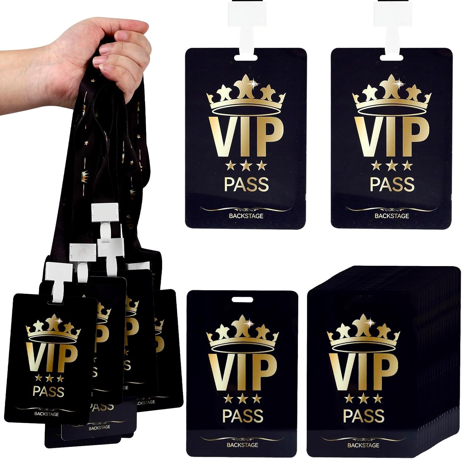 50 Sets VIP Badge Lanyard with Card, Plastic VIP Passes with Lanyard Event Staff Lanyard Backstage Pass for Birthday Party, Music Party, Movie Night, Concert Event(Black, Gold)