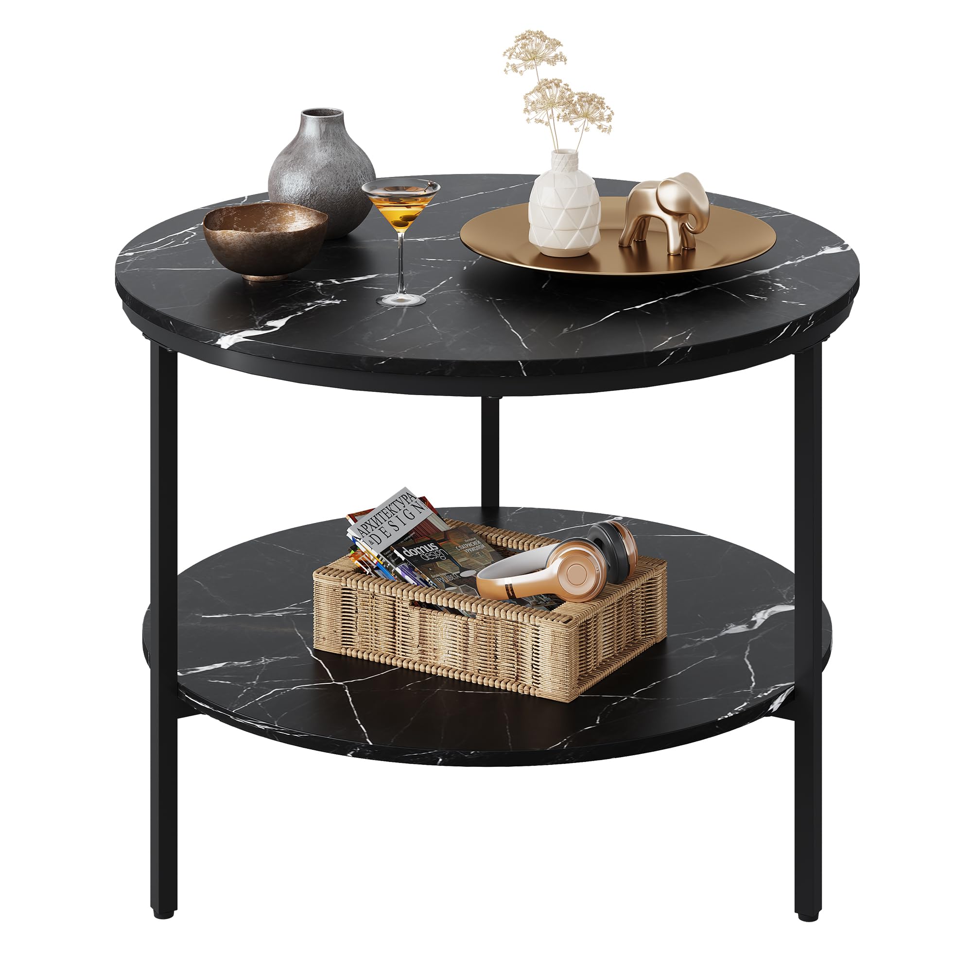 WLIVE Coffee Table, Round 2-Tier Marble Look Table, Morden Style with Wood Surface Metal Legs, Wear-Resistant, Easy-to-Clean, Centre Table for Bedroom, Living Room, 60x60x47cm, Black