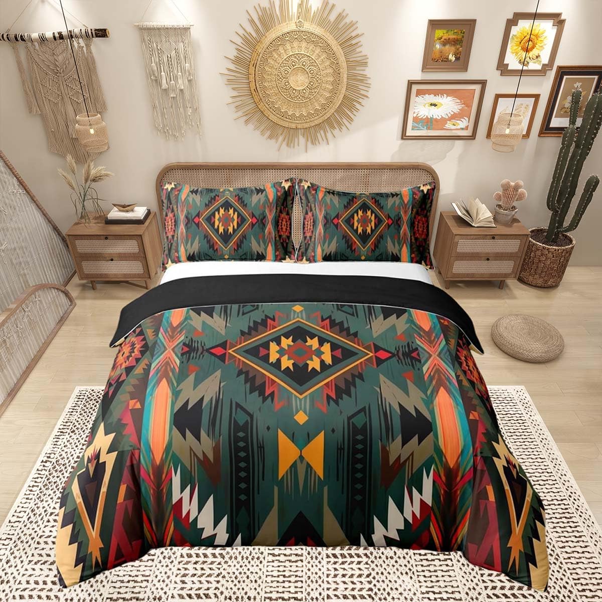 Homemissing Southwest Geometric Duvet Cover Single Size Kids Tribal Native Design Bedding Set for Boys Girls Deep Green Duvet Cover Soft Lightweight Microfiber Room Decor（No Stuffing）