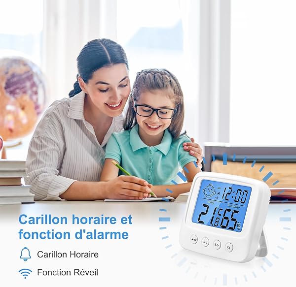 Vinabo Thermomètre Hygromètre Intérieur Digital à Haute Précision, Hygromètre Digital Intérieur, Thermomètre Numérique de Bureau Avec Moniteur de Température et D'humidité - Rétroéclairage - Horloge - 3
