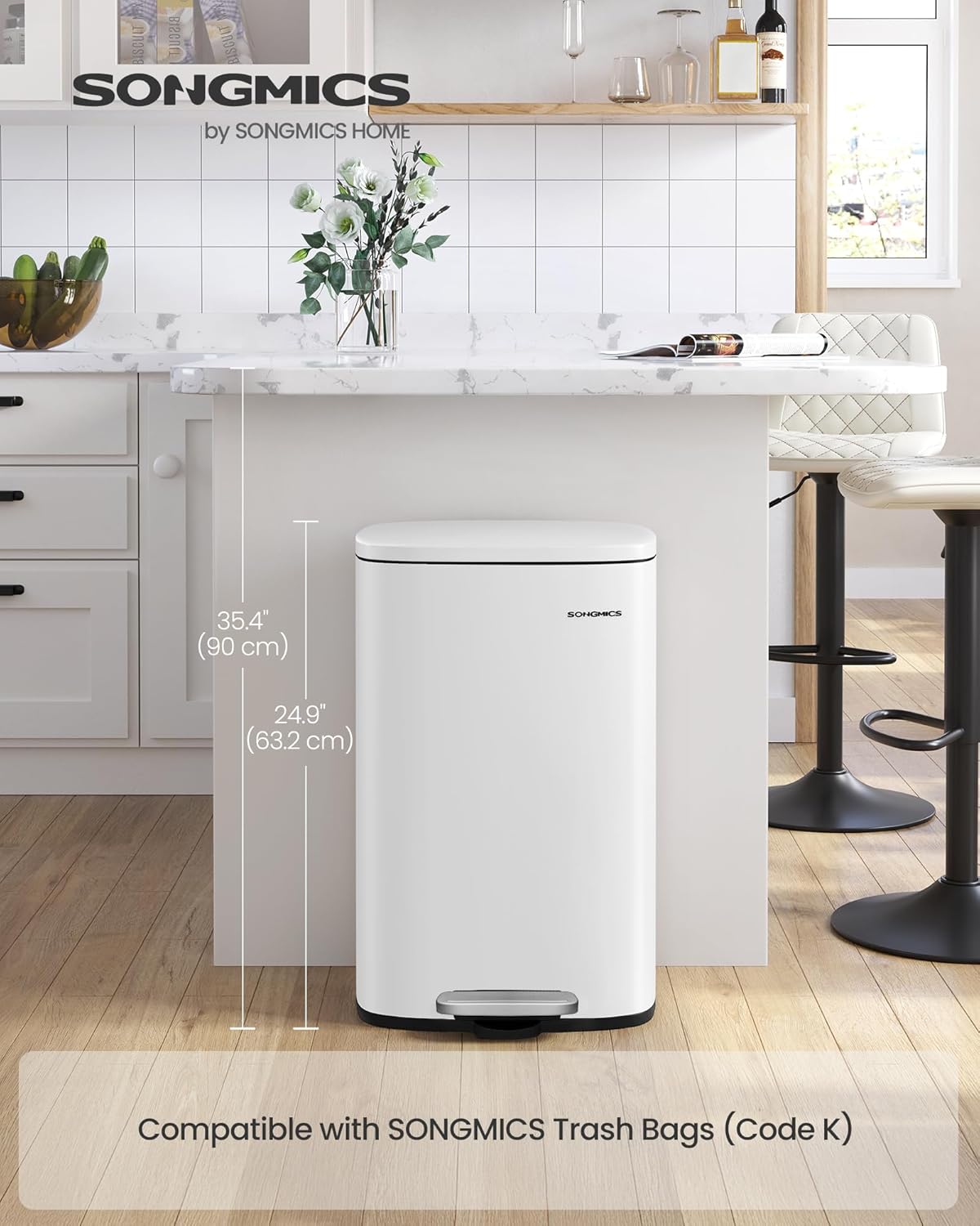 SONGMICS 13 Gallon (50 L) Trash Can, Stainless Steel Kitchen Garbage Can, Recycling or Waste Bin, Soft Close, Step-On Pedal, Removable Inner Bucket, White ULTB050W01