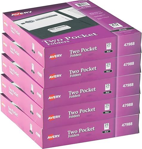 Avery Carpetas de dos bolsillos, con capacidad para hasta 40 hojas, ranura para tarjetas de visita, paquete de 125 carpetas negras (47988)