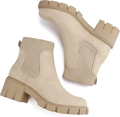 Miniatura 5 de JABASIC Botas de tobillo gruesas para mujer, botas Chelsea elásticas