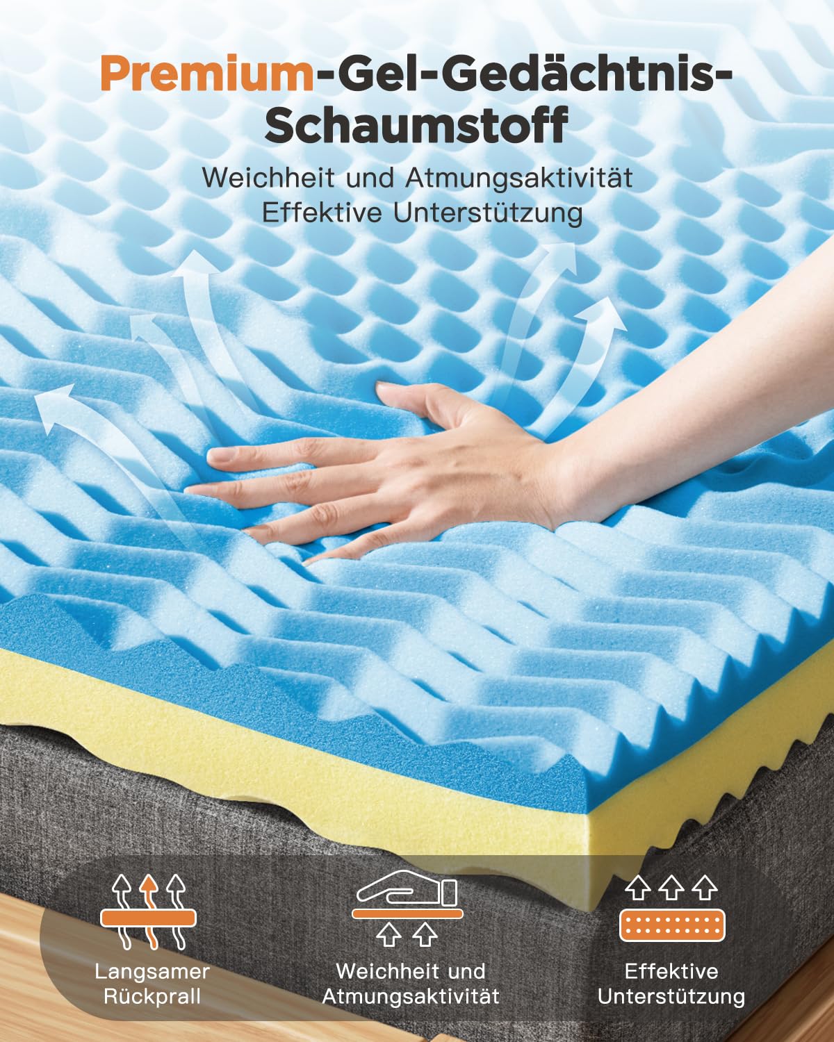 MISSCOZY Matratzen Topper 180x200cm, 9cm Höhe Matratzentopper, H2&H3 Gel Memory Foam Matratzenauflage mit Öko-TEX Zertifiziert für Boxspringbett Wohnwagen Schlafsofa, Waschbar