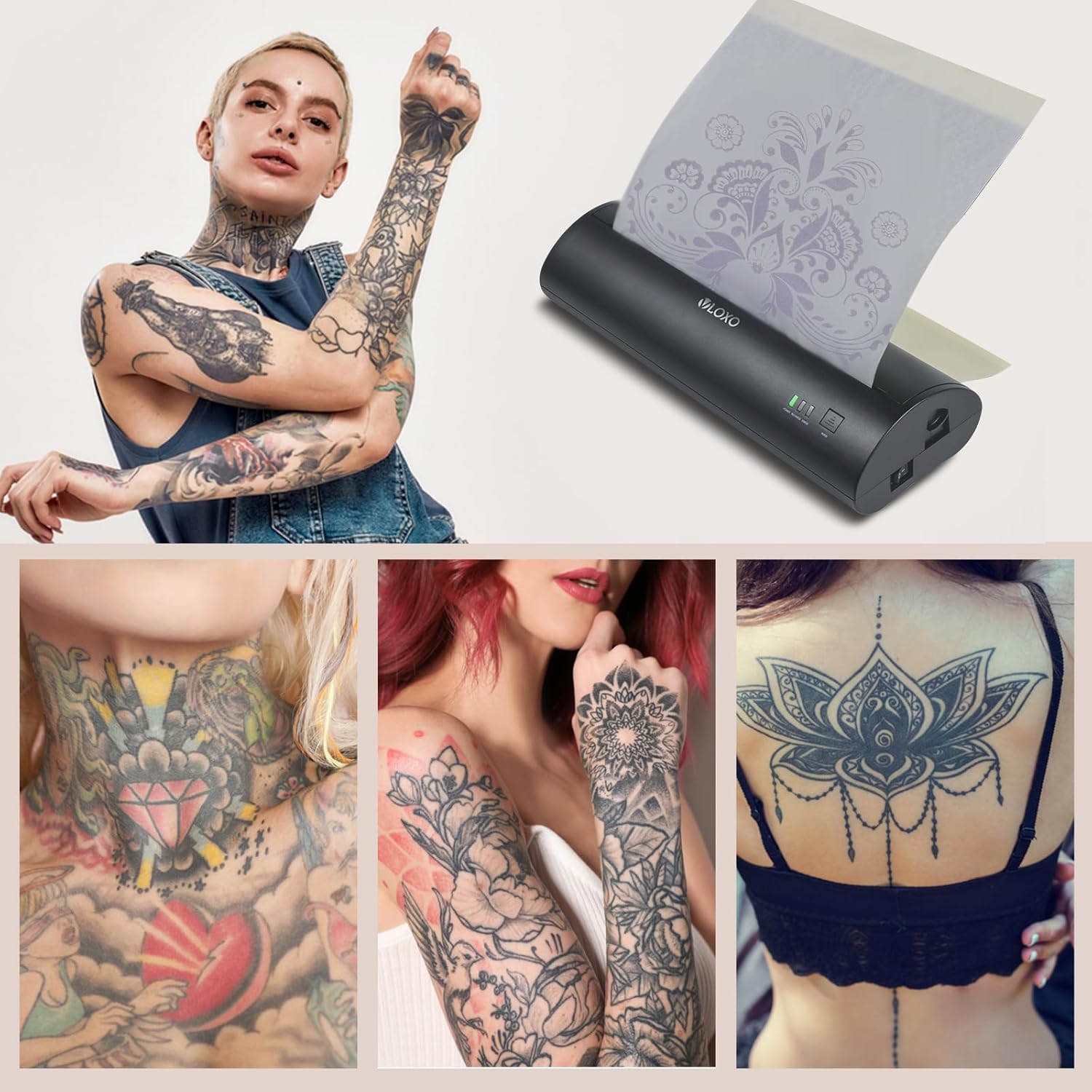 VLOXO Tattoo Transfer Printer, Cordless Thermal Printer Mini Compatible with Phone & PC Tattoo Stencil for Tattoo Artists, Enthusiasts with 10pcs Transfer Paper