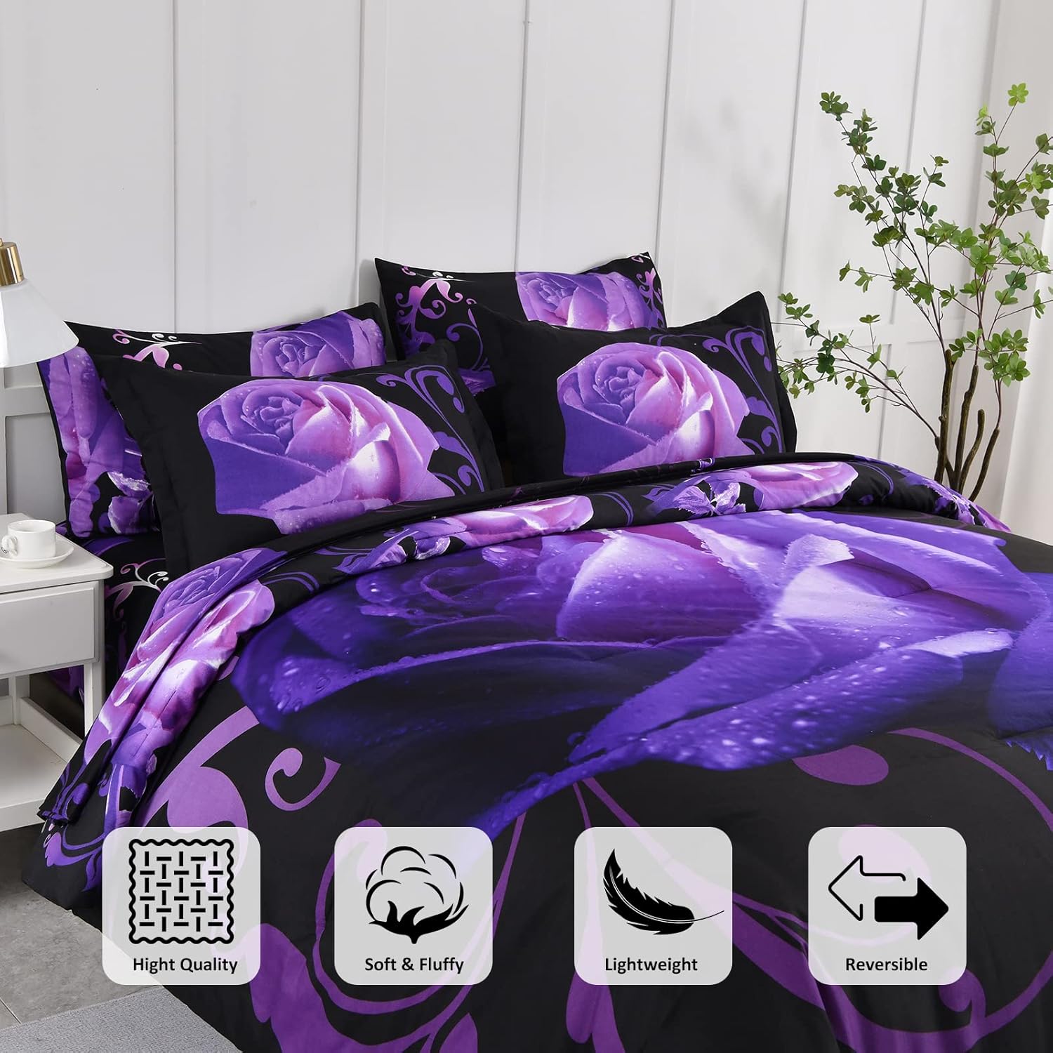 Xruibed Floral Comforter Set Queen 7 Piece Bed in a Bag Purple Rose Flower Comforter with Sheet Set Soft Micorfiber Bedding Set (1 Comforter,2 Pillow Shams,1 Flat Sheet,1 Fitted Sheet,2 Pillowcases) - Image 5
