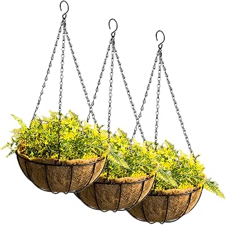 Tosnail 3 Pack 10 Inch Metal Hanging Planters with Coco Fiber Liners - Rustic Indoor Outdoor Flower Pots for Succulents & More