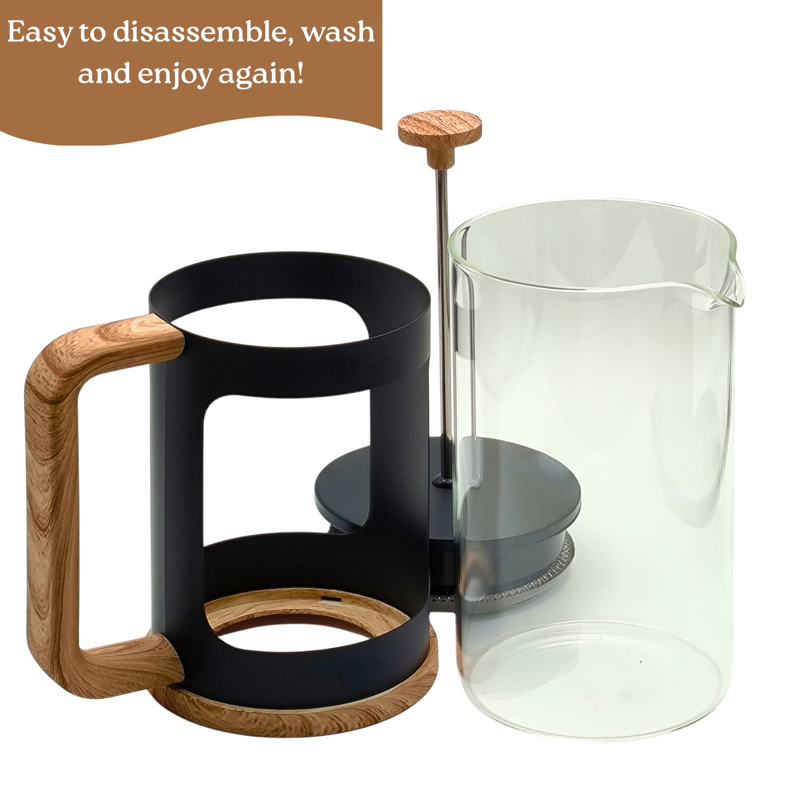 Generisch French Press 1L – Kaffeebereiter aus hitzebeständigem Glas, Edelstahlfilter (feinmaschig), mattschwarz, Griff in Holzoptik, bis zu 4 Tassen (à 250 ml)
