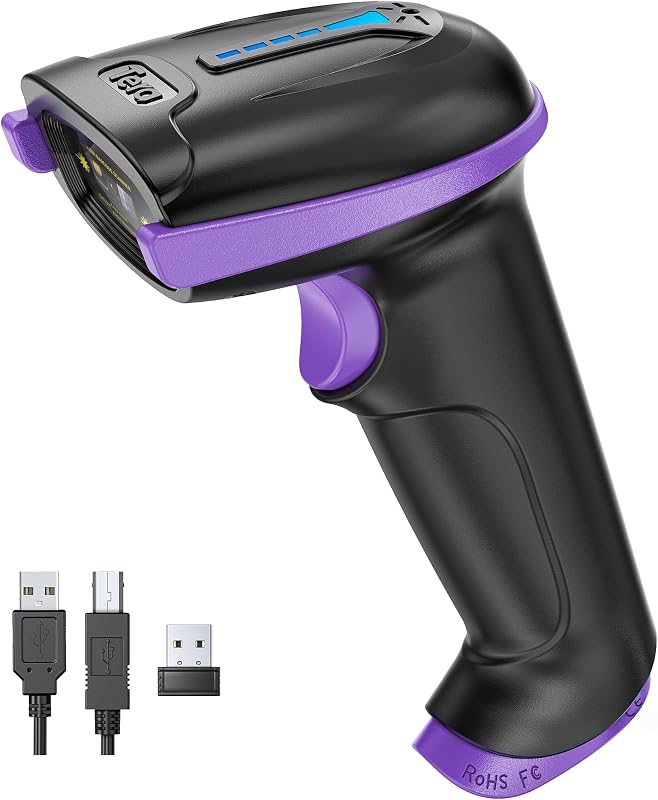 Escáner de código de barras Tera con indicador de batería: 1D inalámbrico, 5100 morado | Lector inalámbrico con cable USB 2,4G, batería de 2200mAh, escaneo láser 1D, protección IP54, caja minorista, almacén, biblioteca, escuela