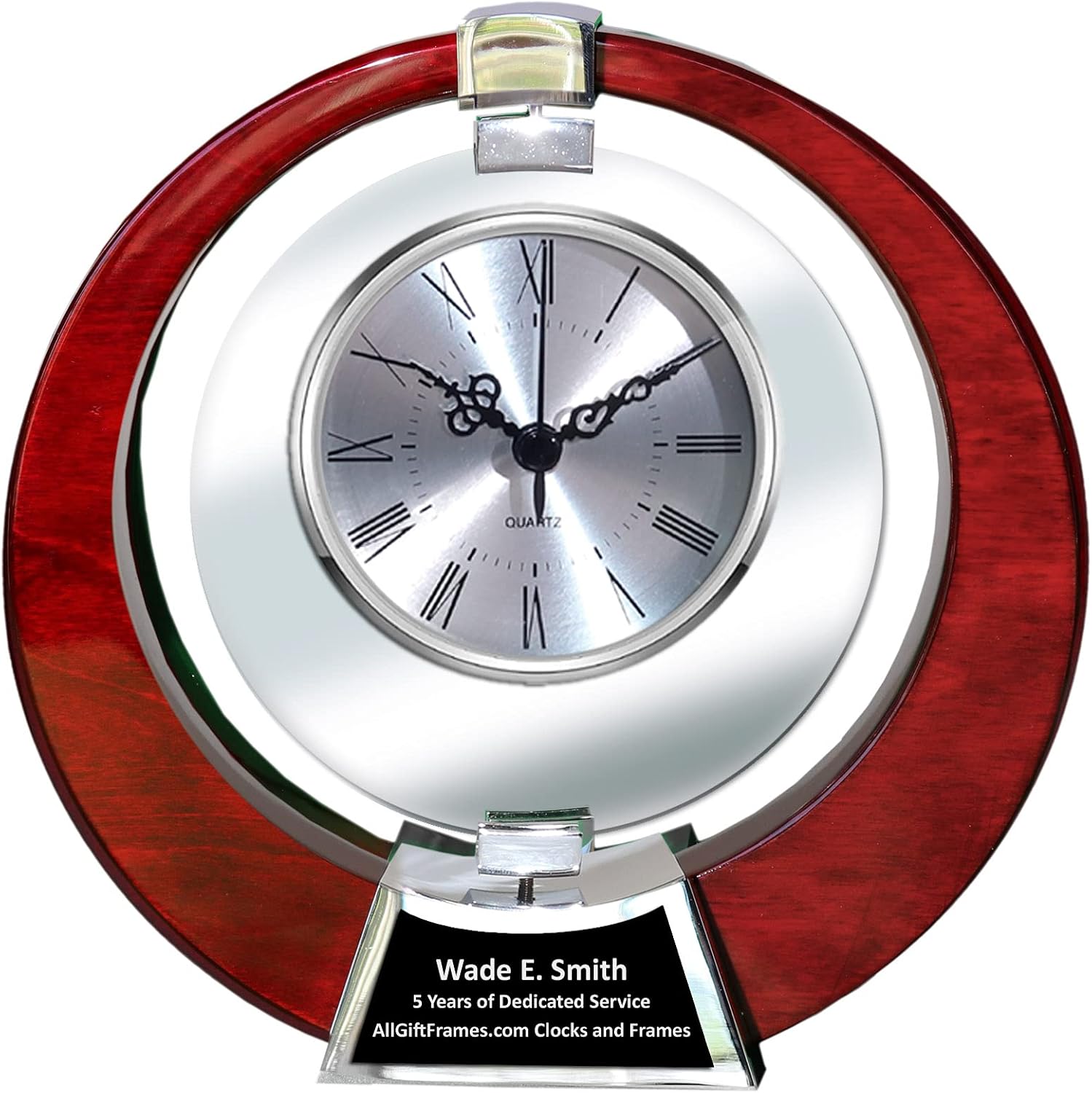 AllGiftFrames Pivoting Glass Silver Dial Clock on Mounted on Eclipse Wooden Structure with Chrome Metal Base Engraved Clocks Engravable Personalized Retirement Gift Coworker Boss