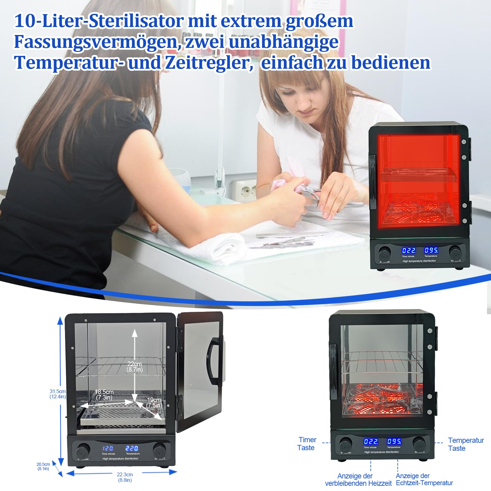 Professionell Heißluftsterilisator, 600W Autoklav Hochtemperatur Sterilisator, 10 Liter Sterilisator Für Instrumente Für Nagelwerkzeuge, Friseurwerkzeuge, Schönheitssalon