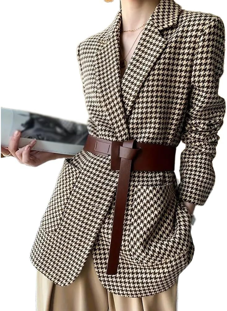 Women's Fashion Casual Business Long Sleeve Houndstooth Button Slim Fit Suit Jacket