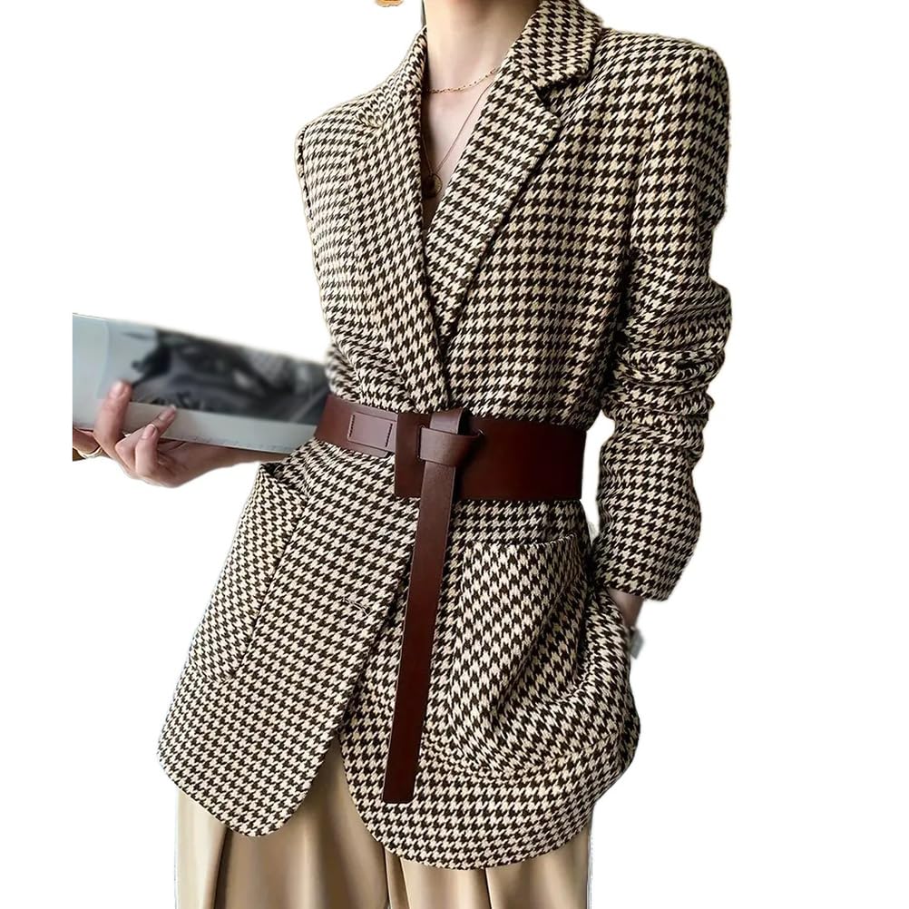 Womens Fashion Casual Business Long Sleeve Houndstooth Button Slim Fit Suit Jacket