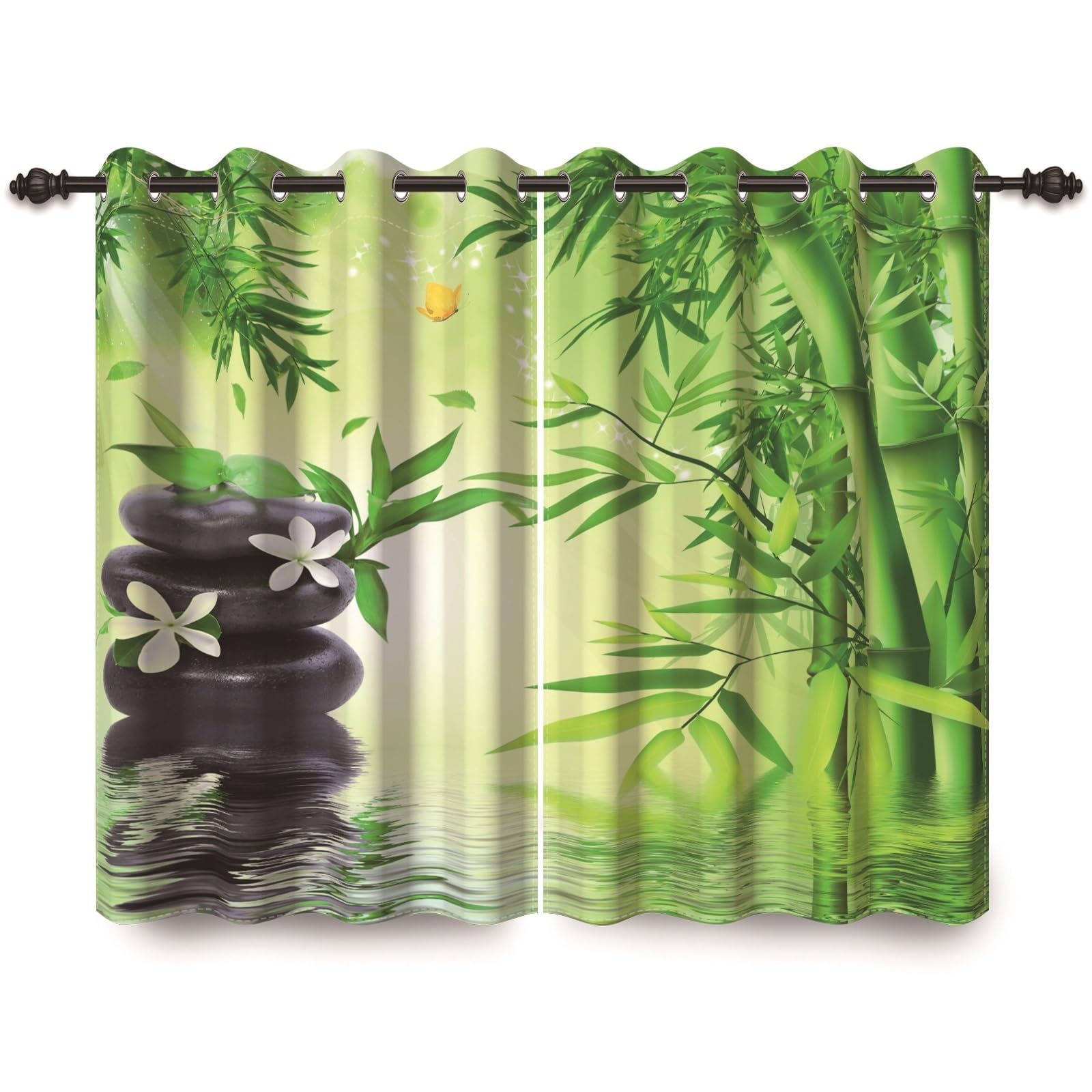 117x183cm SPA Yoga Cortina con Ojales Bambú Verde Primavera Clara Guijarros Flores Meditación Relajante Zen Biombos térmicos Opacos Cortinas para Ventanas Dormitorio Sala de Estar,2 Panel