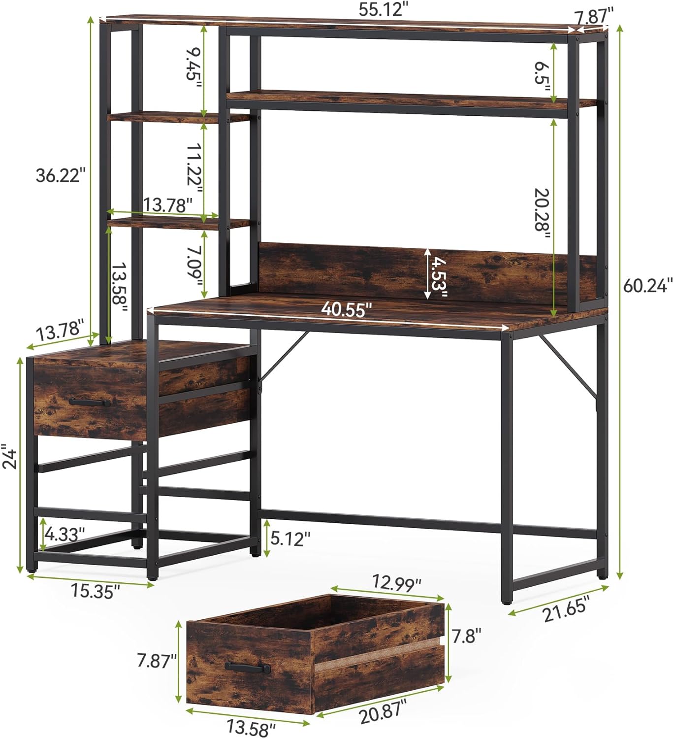 LITTLE TREE Computer Desk with Drawers and Hutch, 55" Gaming Desk with Storage Shelves, Modern Wooden Study Writing Desk for Bedroom Home Office, Brown