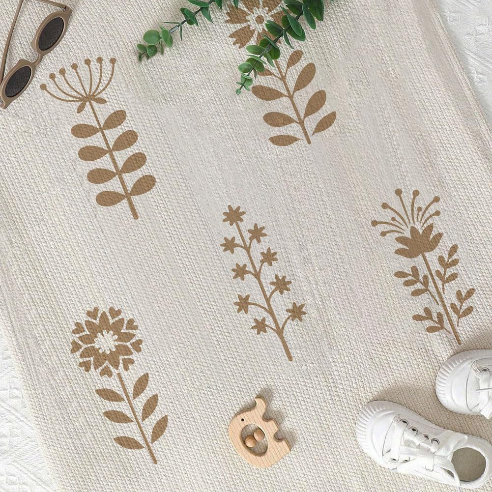 FINGERINSPIRE 12Pcs Folk Plant Painting Stencils with Paintbrush 7x4.7inch Flower Folk Art Stencils Floral Decorative Stencil Reusable Botanical Stencil for Painting on Wood Fabric Wall Furniture