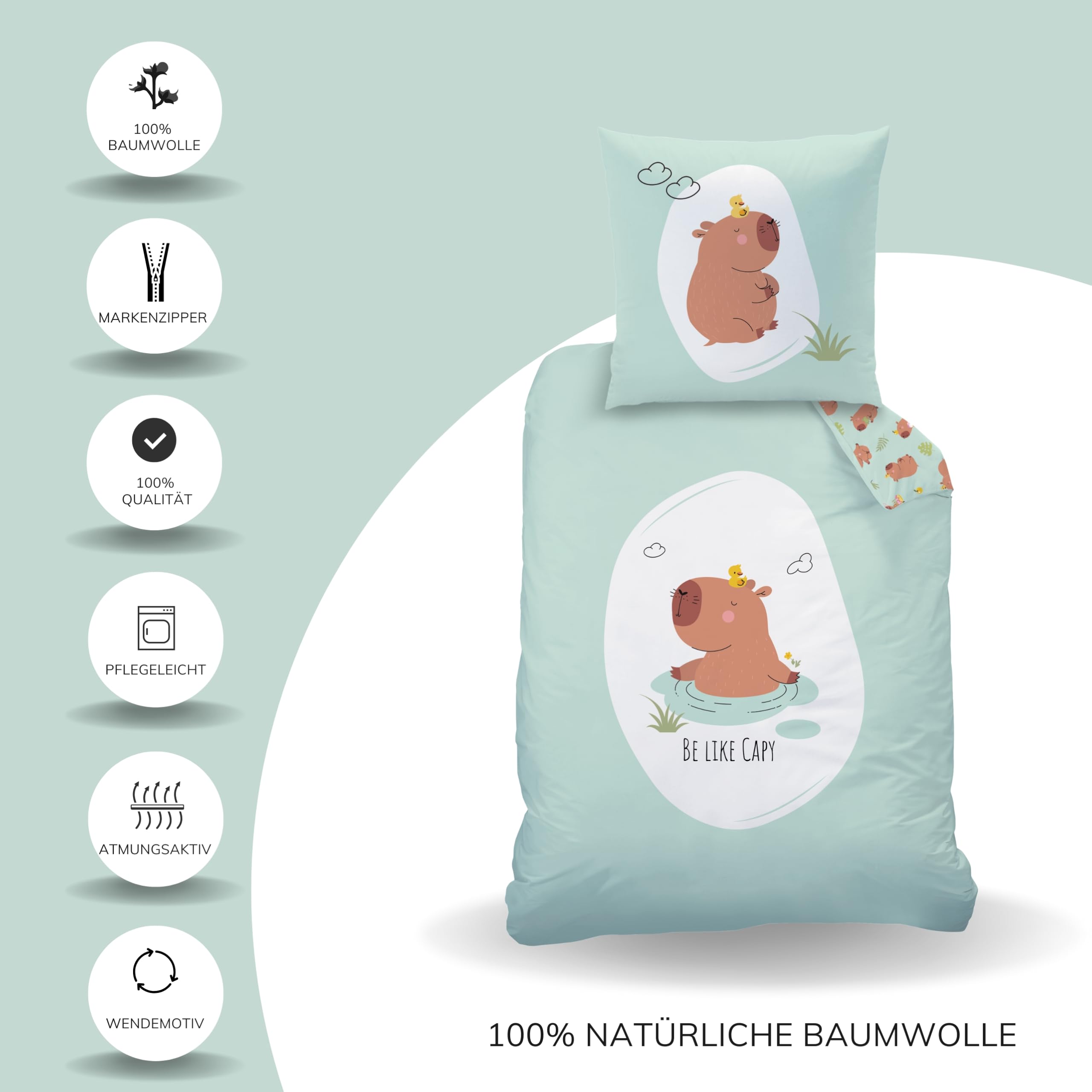 MTOnlinehandel Capybara Bettwäsche 135x200 + 80x80 cm – Renforcé Baumwolle, Öko-Tex Zertifiziert, Reißverschluss – süßes Capybara Motiv „Be Like Capy“, Kinder & Teenager Geschenk