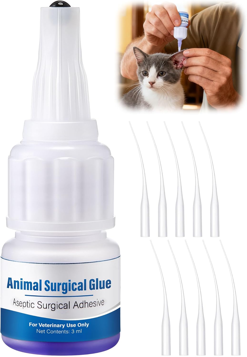 Veterinary Tissue Glue 3ml, Animal Skin Aseptic Surgical Adhesive, Fast Acting Waterproof Wound Closure for Pets, 10 Applicators for Precise Application, Pain Free & Stress Free