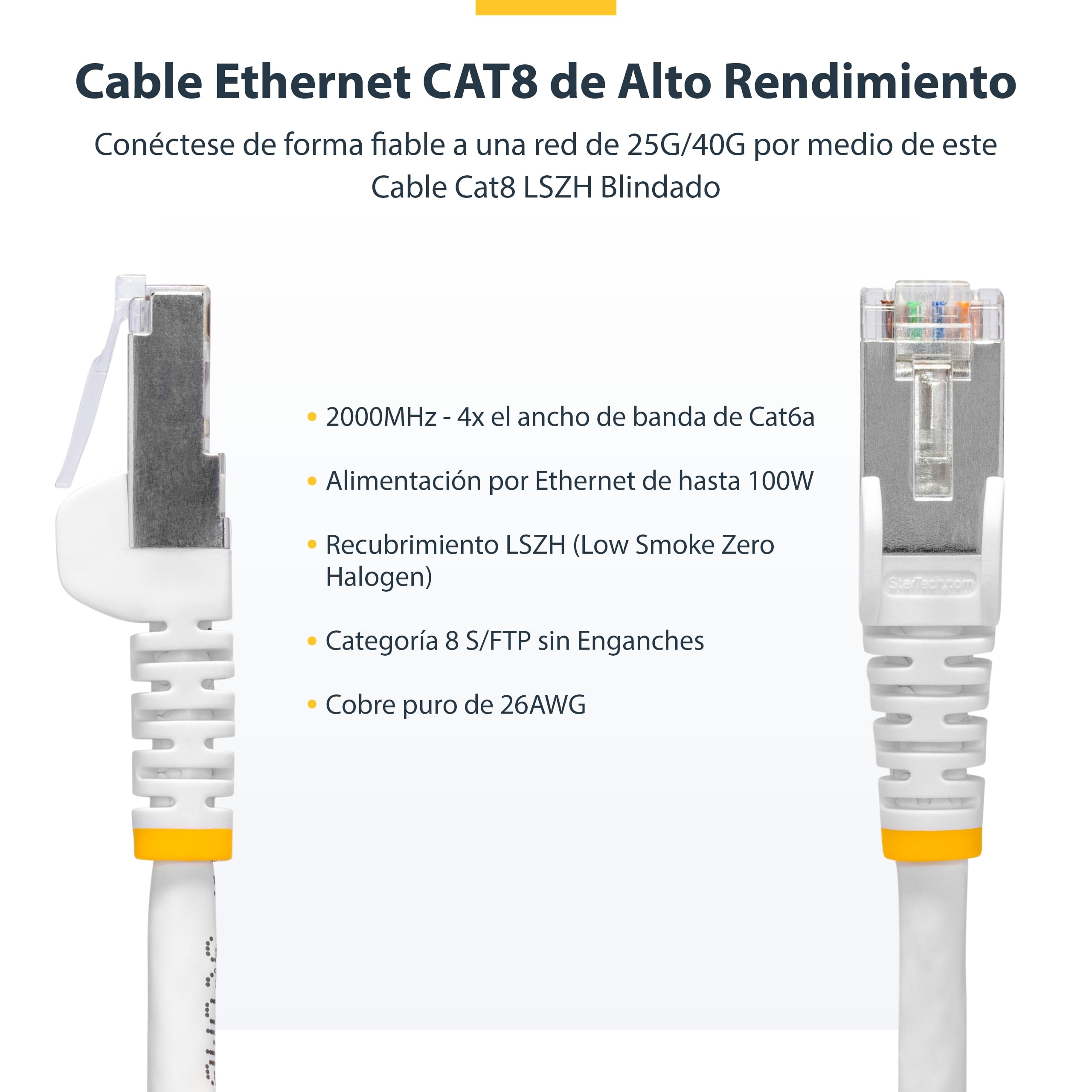 StarTech Cable Ethernet Cat8 Antienganche 15m, S/FTP, LSZH, Blanco | Probado con Fluke, Contactos chapados en oro, Cubierta LSZH sin halogenos, Ideal para 25/40GBASE-T