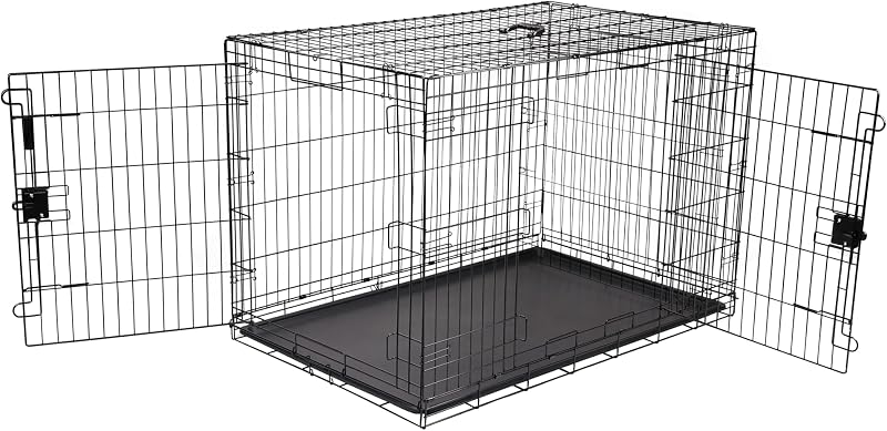 Cușcă metalică pliabilă pentru câini Amazon Basics cu două uși, tăviță inclusă, negru, 122 x 76 x 83 cm