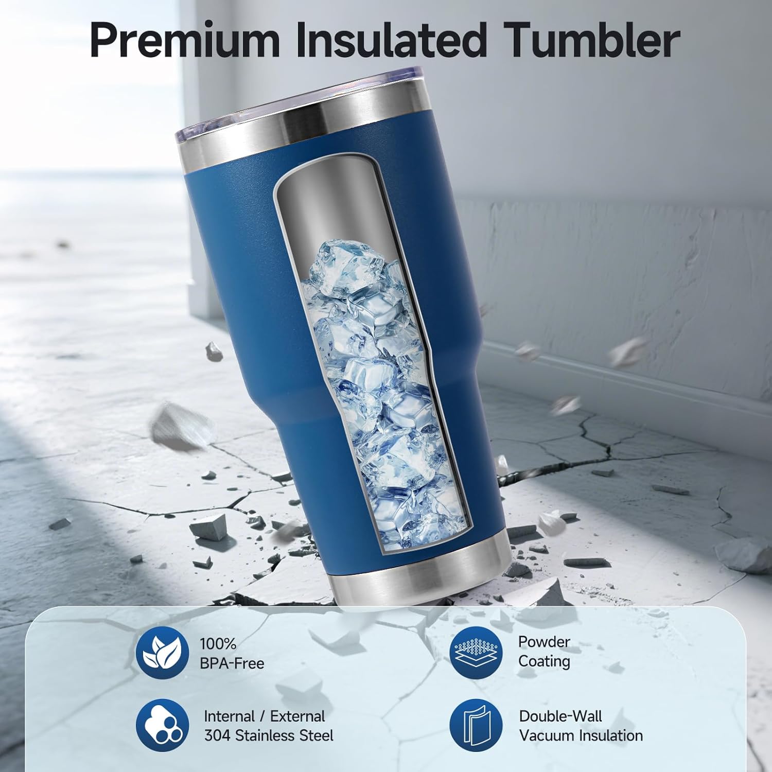 Volhoply 30oz Insulated Tumbler with Lid and Straw, Double Wall Inner & Outer 304 Stainless Steel Coffee Cup, Travel Mug Reusable Thermal Cup for Cold & Hot Drinks (Navy,1 Pack) - Image 3