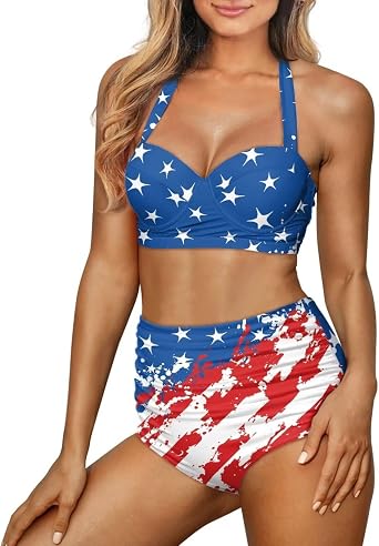 Two Pieces Women Swimsuit High Waist Bikini Set Halter Top Ruffle Tummy Control Bathing Suit Vintage Swimsuit