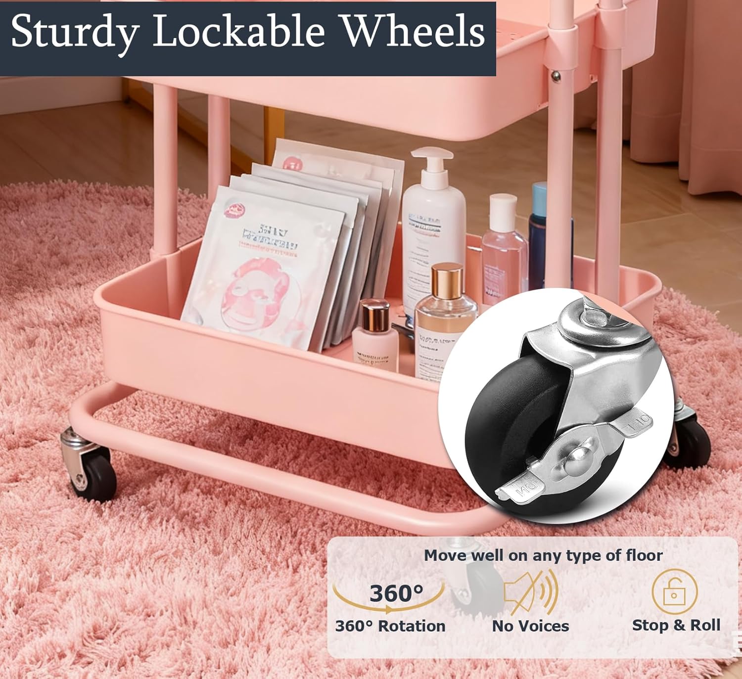 3 Tier Rolling Cart Pink Utility Cart with Table Top Multi-Functional Storage Trolley for Office, Living Room, Kitchen, Movable Storage Organizer on Wheels with Hanging Cups