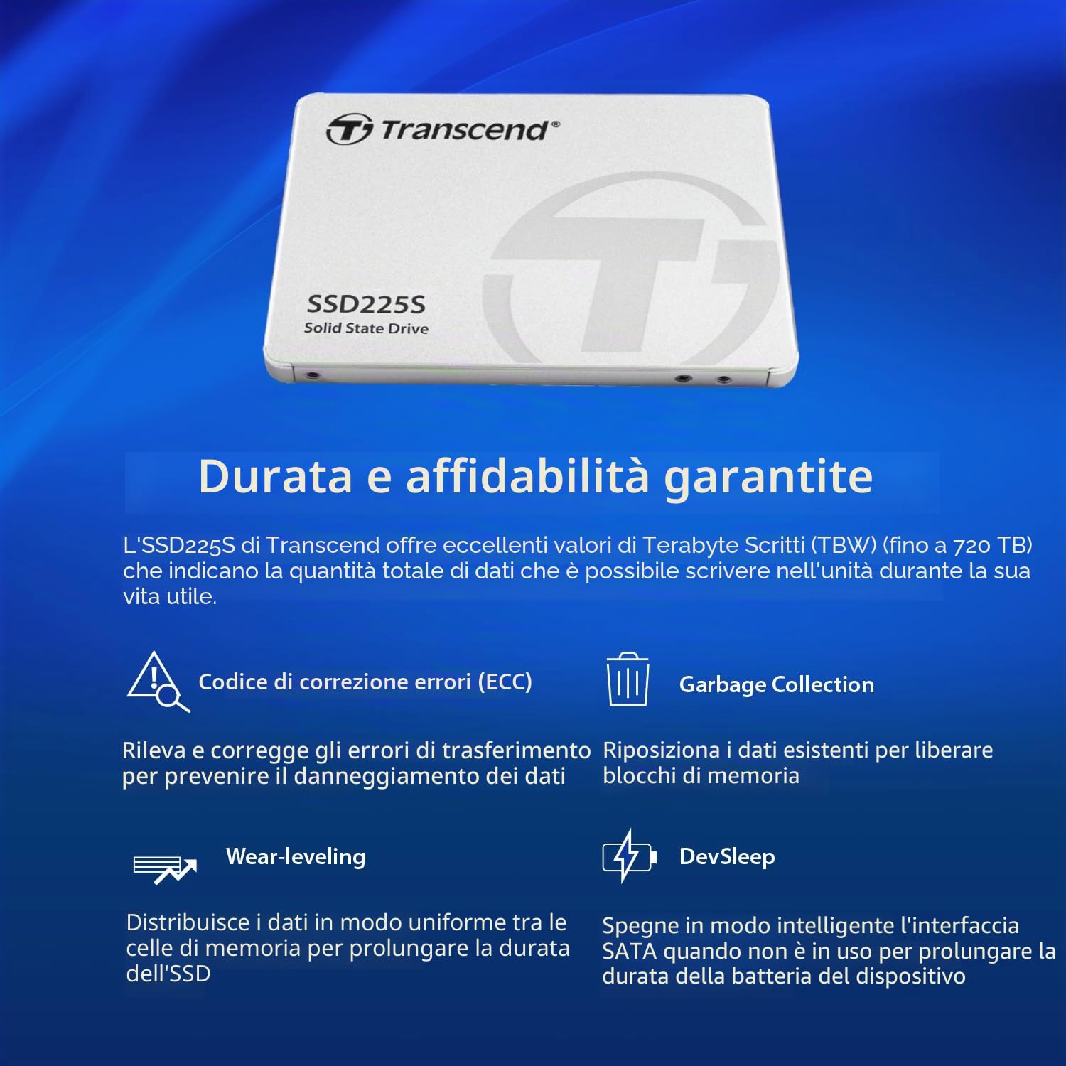 Transcend SSD interno SSD225S SATA III 2,5" (6 Gb/s) da 500 GB - memoria 3D NAND, resistente agli urti - TS500GSSD225S
