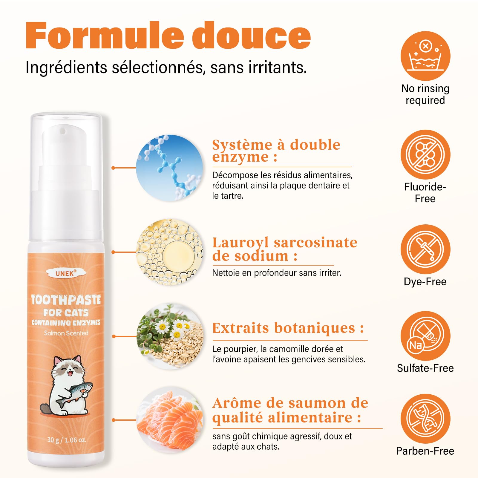 UNEK Kit de soins dentaires pour chat – Dentifrice enzymatique 30 g au goût saumon, avec brosse à dents et brosse à doigts, pour réduire la plaque dentaire et la mauvaise haleine