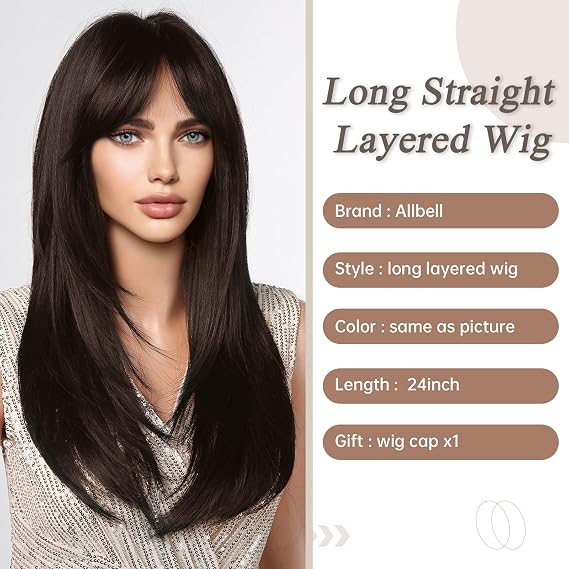 Allbell Black Brown Wigs with Bangs Long Straight Layered Wig for Women Heat Resistant Syntehtic Natural Hair Wigs