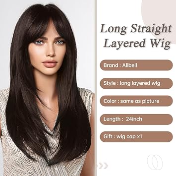 Allbell Black Brown Wigs with Bangs Long Straight Layered Wig for Women Heat Resistant Syntehtic Natural Hair Wigs