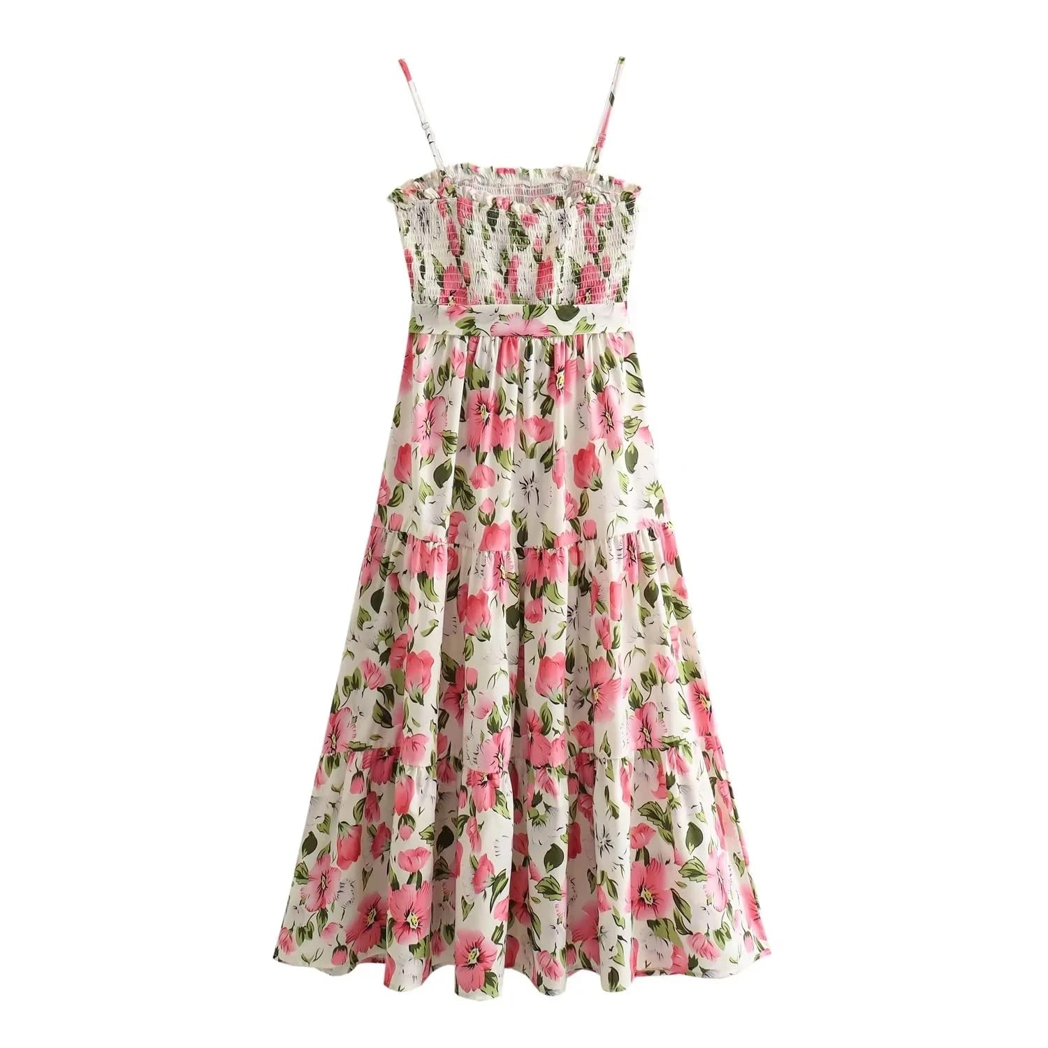 Vestido camisola con estampado floral con cinturón, sin mangas, espalda descubierta, elástico, ajustado, vestido largo midi Y2k