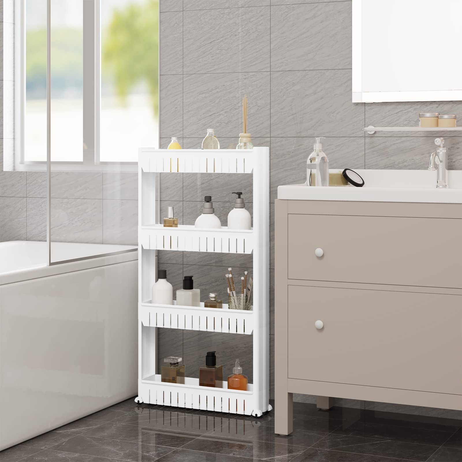 WOLTU Carrello da Cucina con Ruote, Carrellino da Cucina Salvaspazio a 4 Livelli, Scaffale Stretto Portaoggetti per Bagno, Ufficio, in PP, Bianco, 54x13x102cm, RGB36ws
