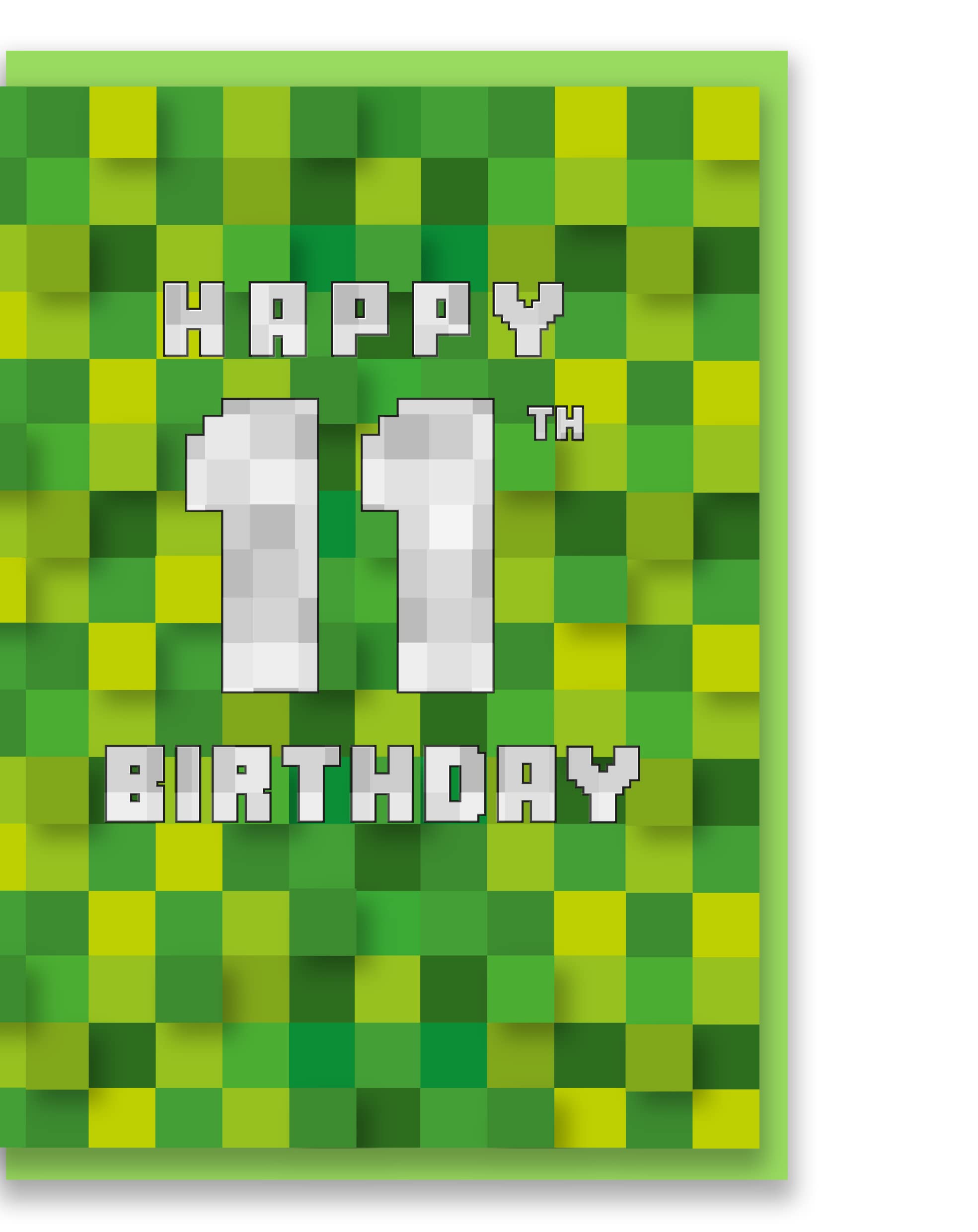 Green Pixel Squares 11th Birthday Card - Gaming Theme - 175x126mm Designs - Minecraft Gaming Inspired