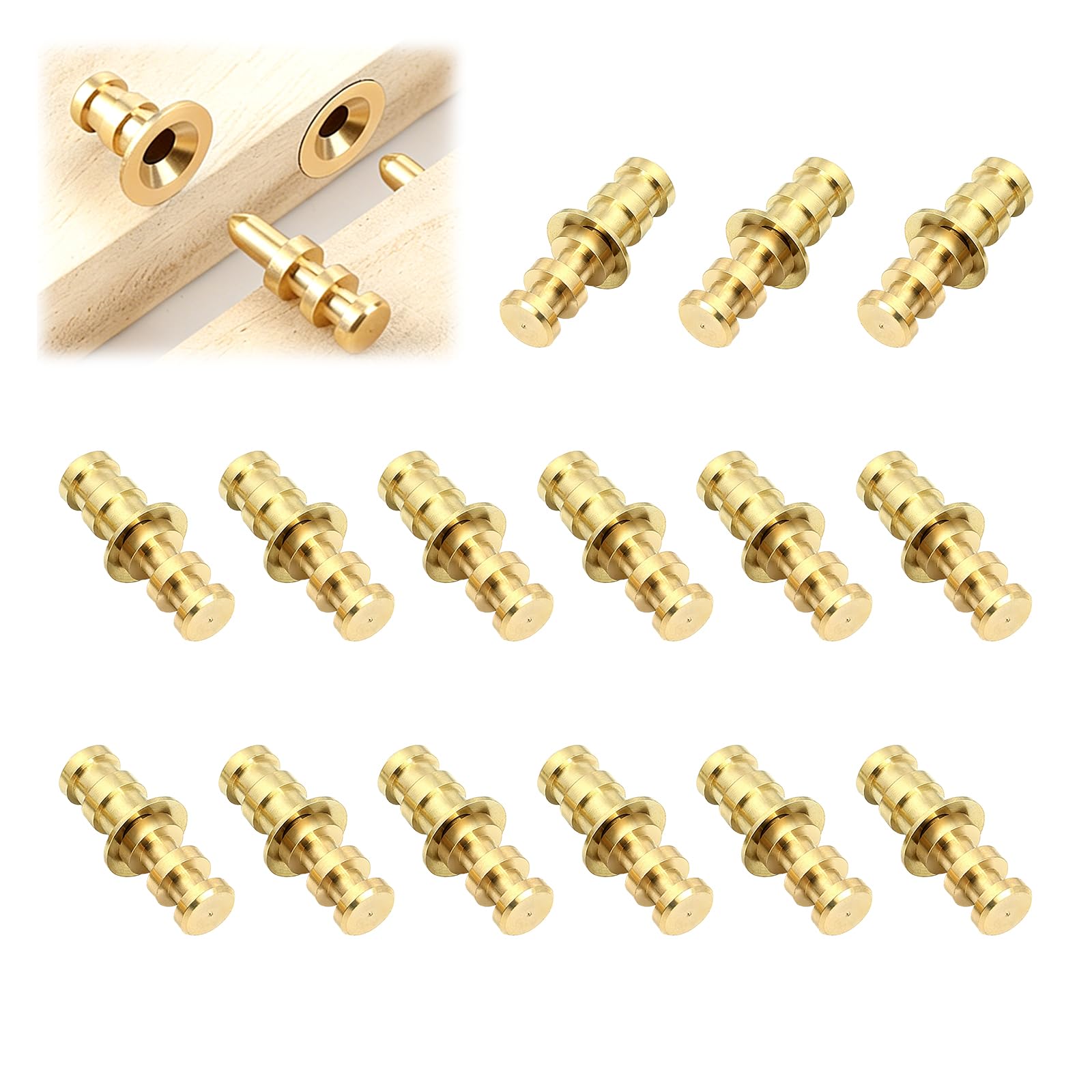 UFURMATE Table Pin Sets with Sockets, 15Pcs Solid Brass Table Leaf Dowel Pins Gold Table Bolt Sleeve Connectors Table Top Leaf Alignment Pins (Dia.0.3",Smooth Finish)