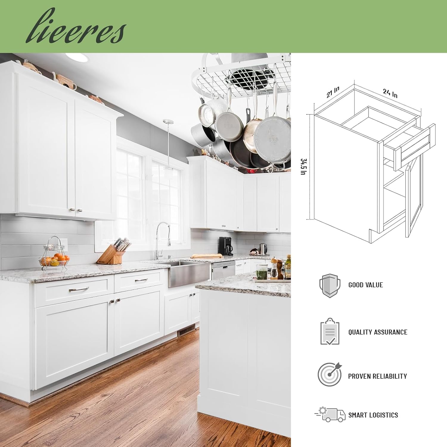 Kithen Base Cabinets, Cabinets Base, RTA Cabinet, Painted Cabinet, Shaker, Unassembled, Lower, White, Standard Size, 1 Door and 1 Drawer (White, 21" Wide x 34.5" High x 24" Deep)