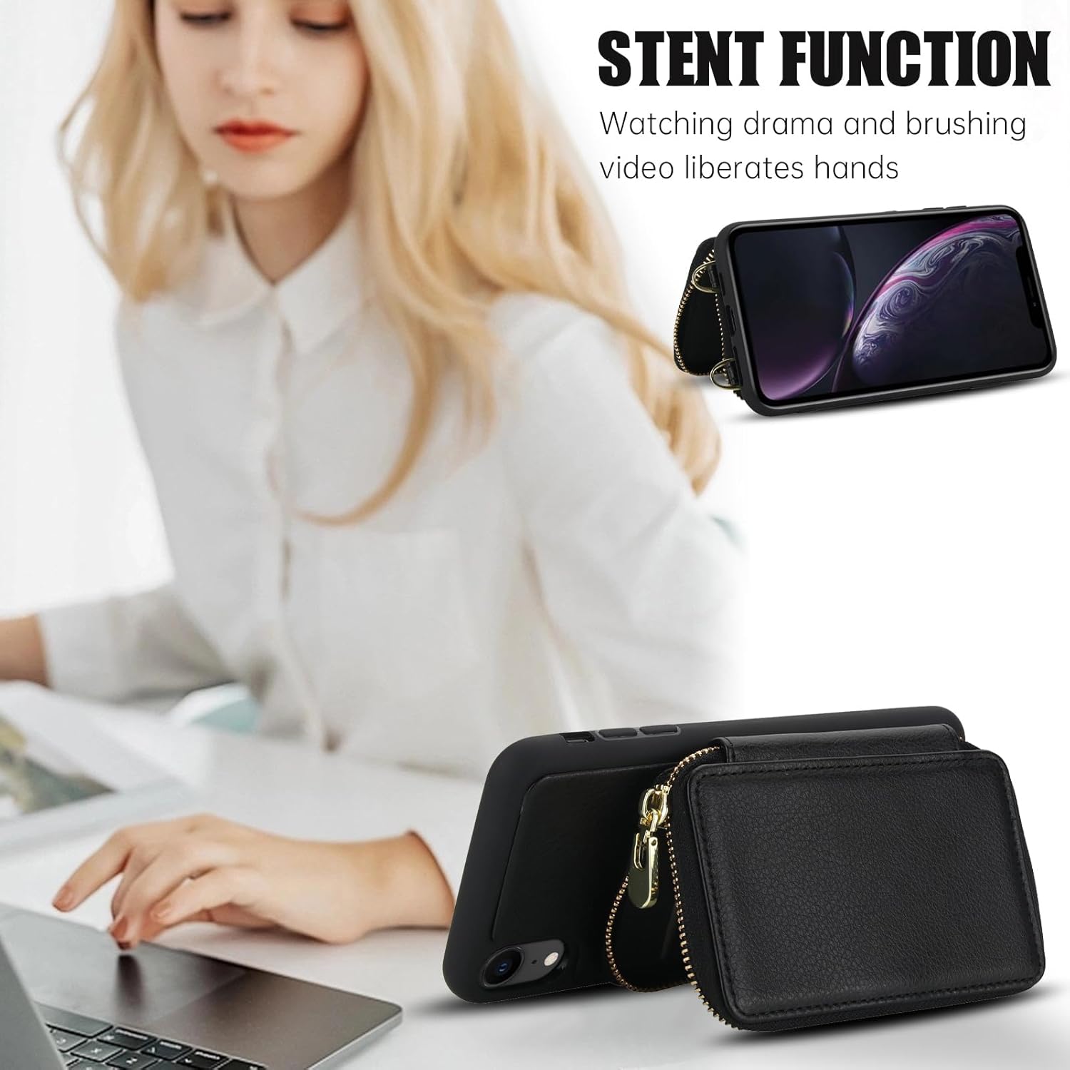 Phone Case for iPhone XR 6.1 Wallet Cell Cover with Tempered Glass Screen Protector Crossbody Strap RFID Blocking Card Holder iPhoneXR iPhone10R i Phonex 10XR 10R RX CR iPhoneXRcases Women Men Black