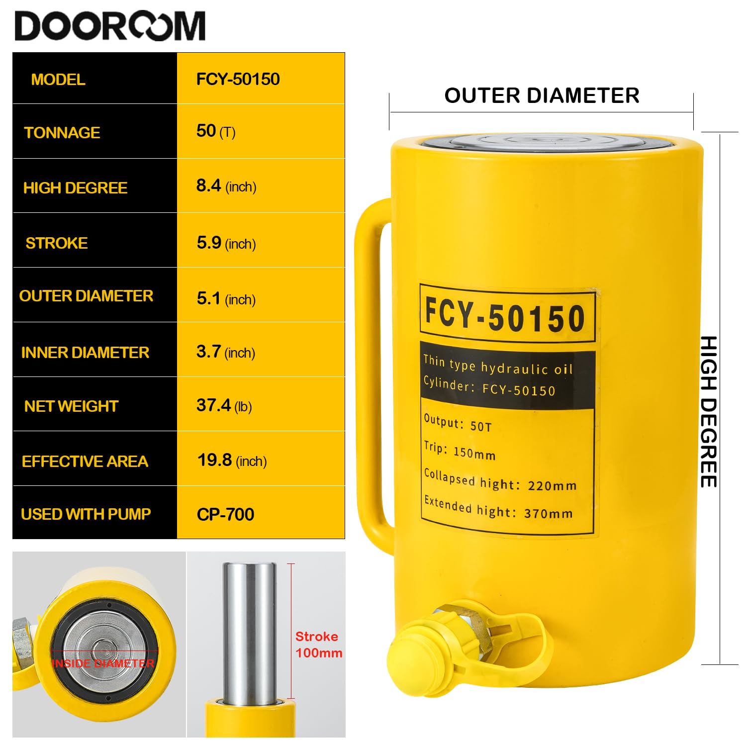 50T 6Inch Stroke Porta Power Single Acting Lifting Cylinder for Shipbuilding, Machinery and Industry,Automatically Retract Split Hydraulic Cylinders Tools, Yellow