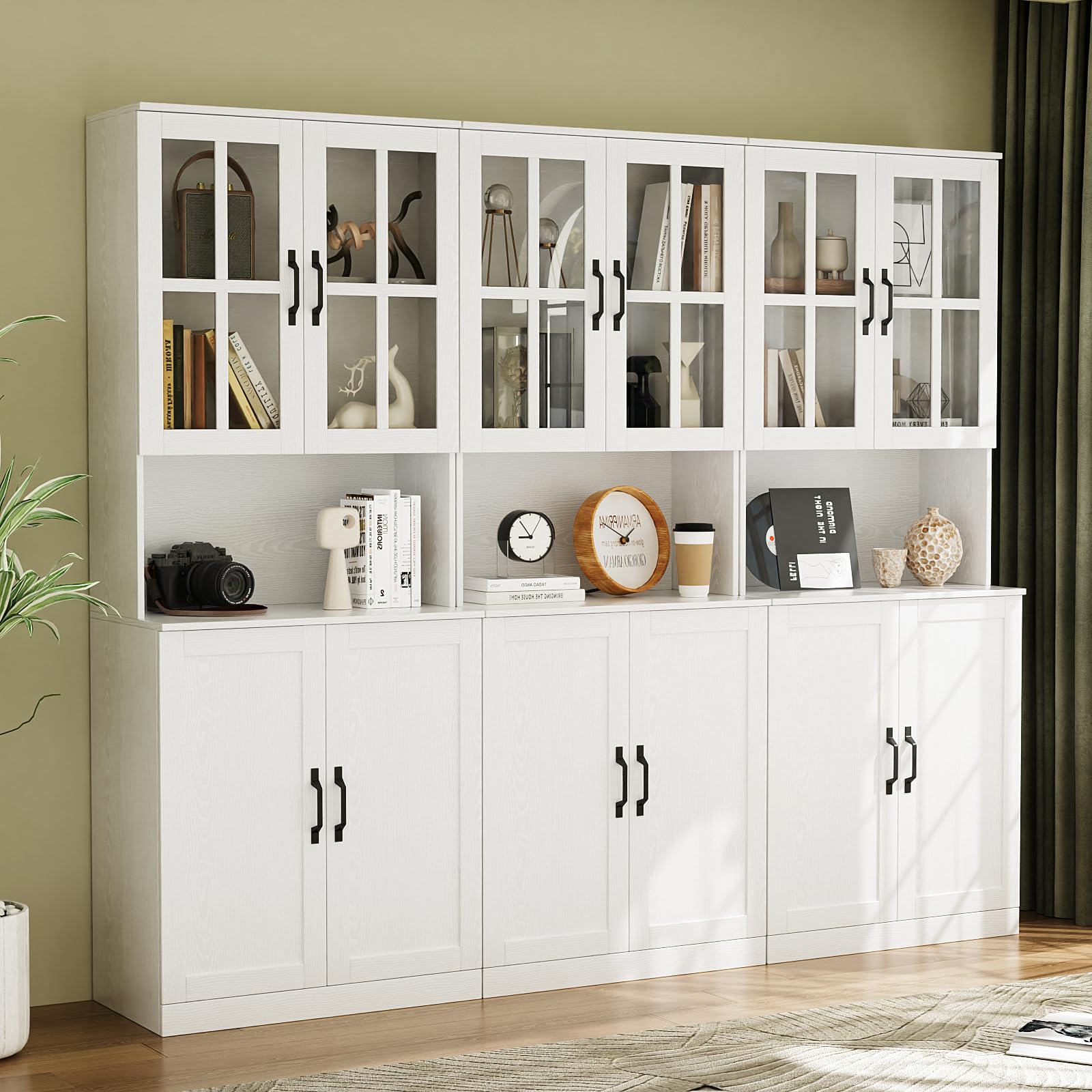 VOWNER Bücherregal mit Glastüren und offenem Fach, 180 cm Hochschrank, 5 Ebenen Bücherschrank, Standregal Vitrinenschrank, Buffetschrank mit Arbeitsplatte, 60x40x180 cm, für Wohnzimmer, Büro (3PCS)