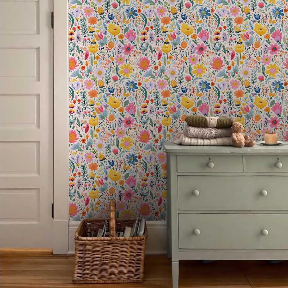 Colorful Fairy Flowers Garden Wildflower Pink/Yellow/Gree/Blue Peel and Stick Wallpaper Wall Decor Self Adhesive Wall Paper Stick on Easy Peel Off Contact for Renter Apartment