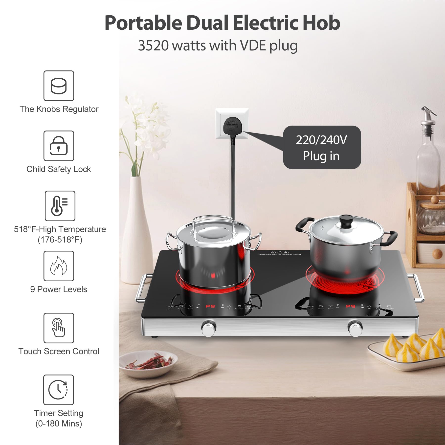 VBGK 2 Ring Electric Hob with Handle, 3520W Ceramic Hob 2 Zone, Double Electric Ceramic Hob Countertop, Safety Lock & 3H Timer, 220V-240V Plug in — view 4