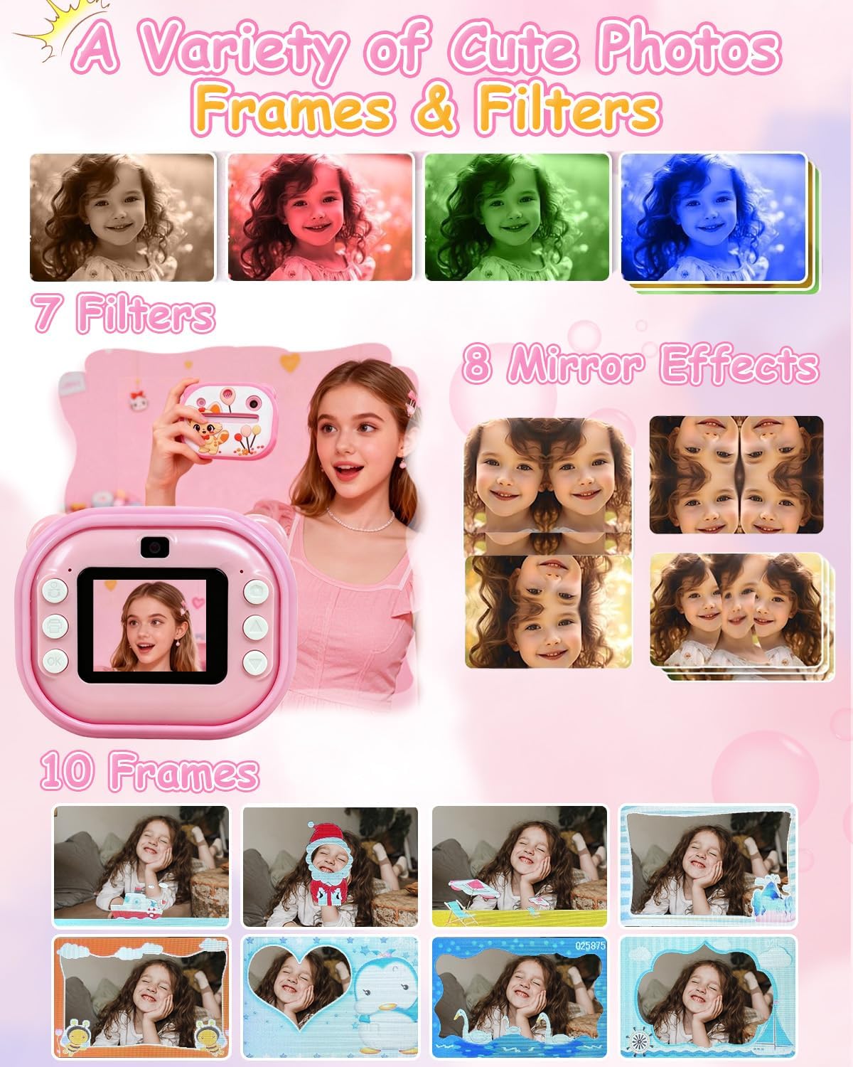 Kids Camera Instant Print,Instant Camera with Silicone Cover,1080P HD Dual-Lens Selfie Digital Cameras with 4 Rolls Paper & 32GB Card,Christmas Birthday Gifts for Toddler Teenagers Age 3-14 Pink - Image 4